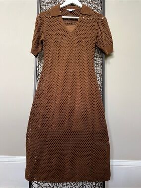 Steve Madden Crochet Polo vneck Bodycon Midi Dress coverup line Choc Brown XS